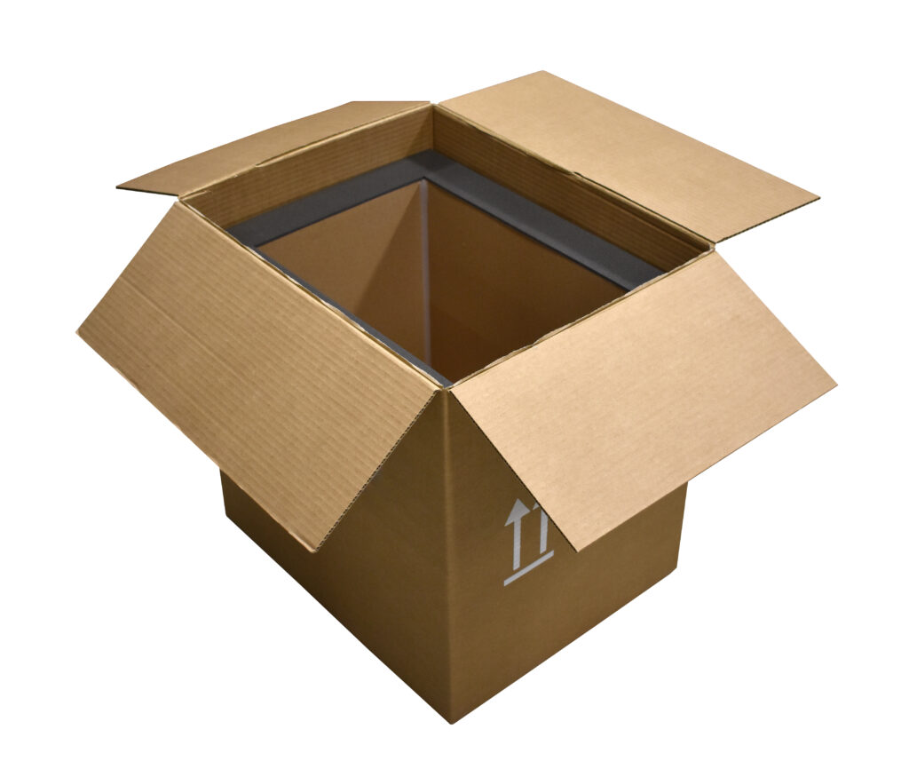 Caja de cartón isotérmica reutilizable con revestimiento aislante para logística sostenible.